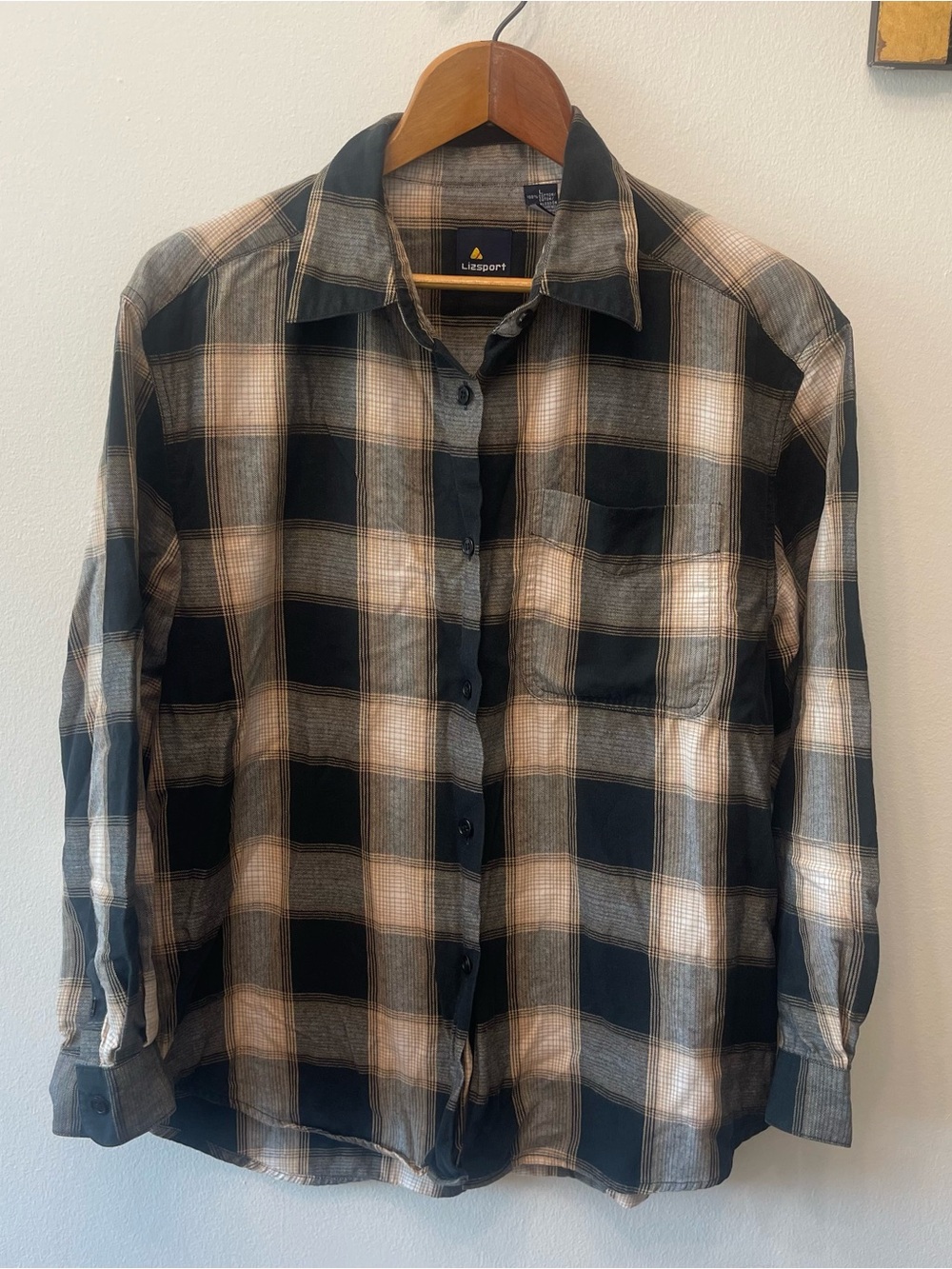 90s Lizsport Cotton Grunge Flannel plaid button down 100% cotton L